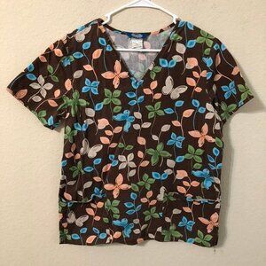 Scrub Wear Top Scrubs Floral Butterflies Brown